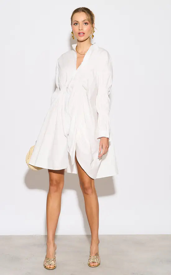 Women's shirt dress band chic -Asymmetry With Elasticated Design Cotton Blend Shirt Dress In White