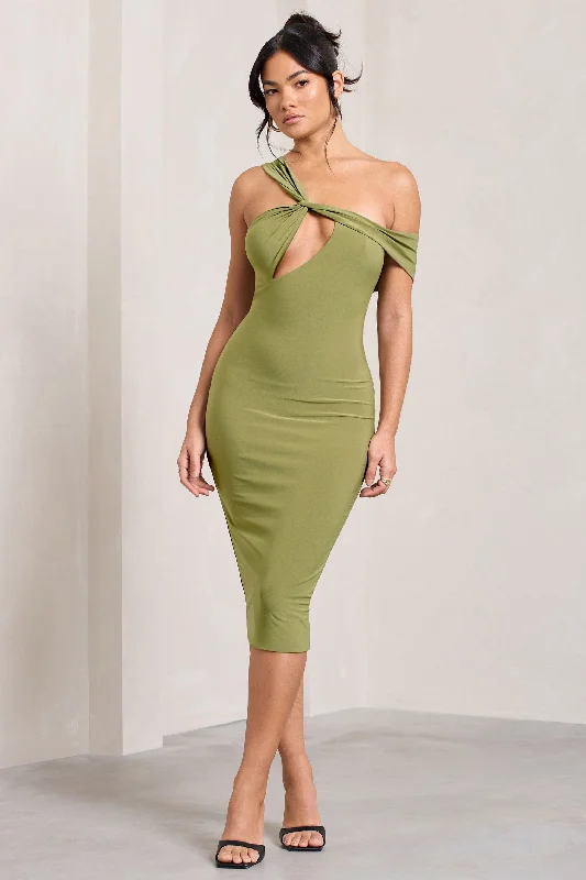 ladies-midi-dress-influencer-inspire-Ella | Olive Asymmetric Neck Cut Out Midi Dress