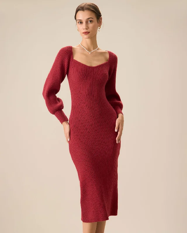 ladies-bodycon-dress-bold-bang-Women's Red Ribbed Knit Bodycon Sweater Dress