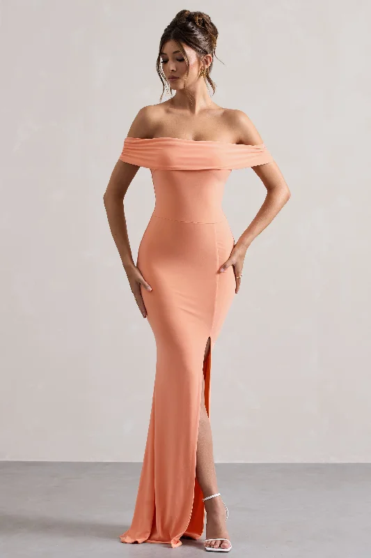 ladies-maxi-dress-structured-sweep-Law of Attraction | Coral Bardot Draped Split Maxi Dress