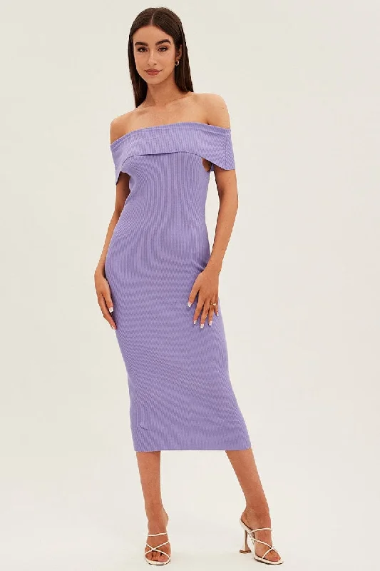 ladies-bodycon-dress-eco-edge-Purple Off Shoulder Dress Knit Bodycon Knit