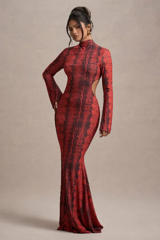 ladies-maxi-dress-luxe-lift-Arabia | Red Snake Print High-Neck Cut-Out Maxi Dress