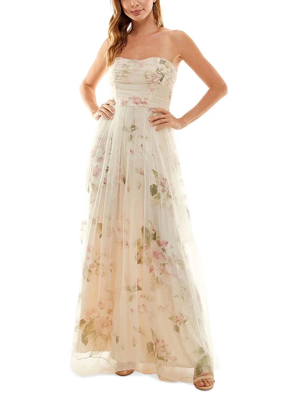 ladies-floral-dress-puff-sleeve-primrose-Juniors Womens Tulle Floral Print Evening Dress