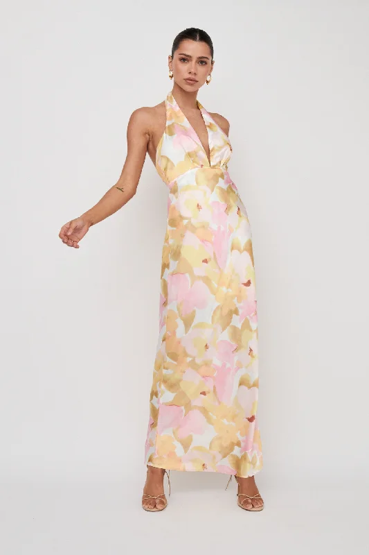 ladies-floral-dress-daily-daisy-Of Your Dreams Plunging Halter Dress Floral Pink