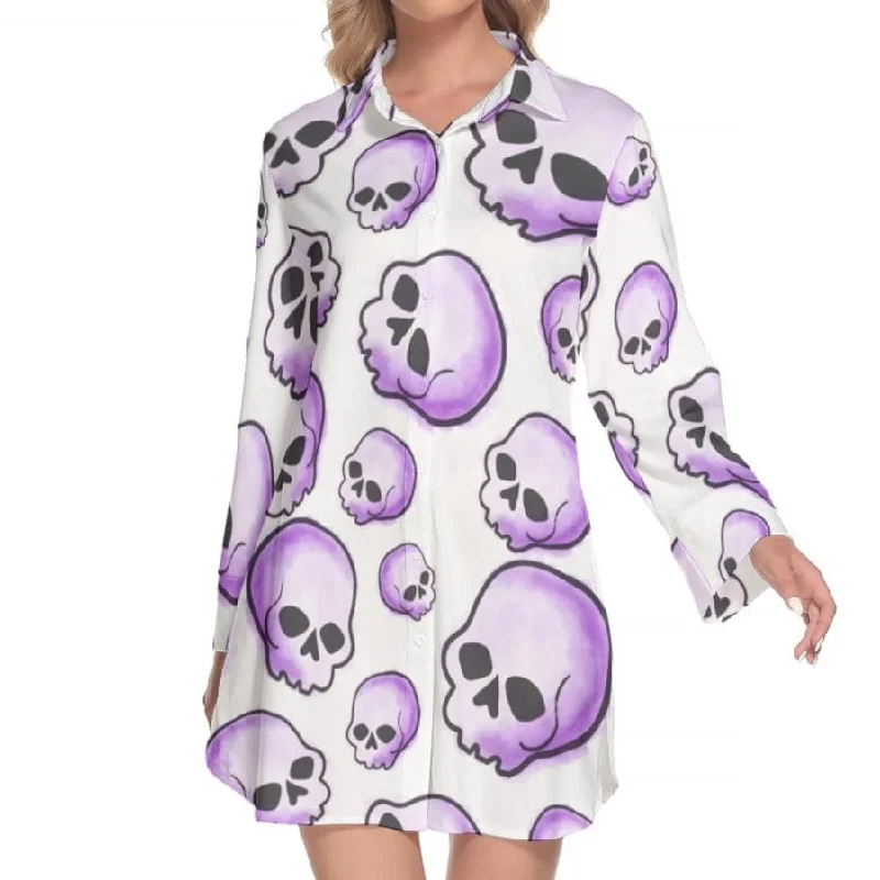 Women's shirt dress sew flair -Women's Purple Skulls Lapel Shirt Dress With Long Sleeve