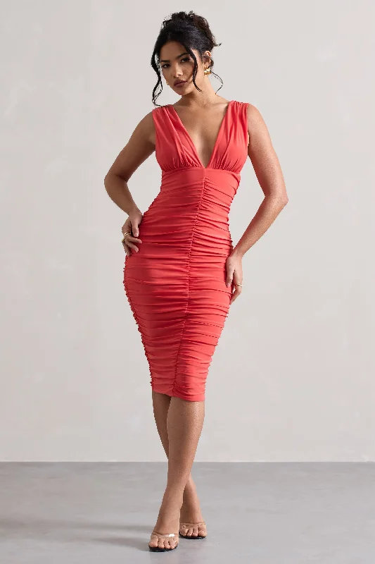 ladies-midi-dress-seasonal-sway-Attract | Coral Ruched Plunge-Neck Midi Dress