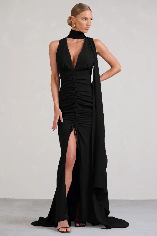 ladies-maxi-dress-shift-sweep-Whimsical | Black Chiffon Plunge Fishtail Maxi Dress With Scarf Design