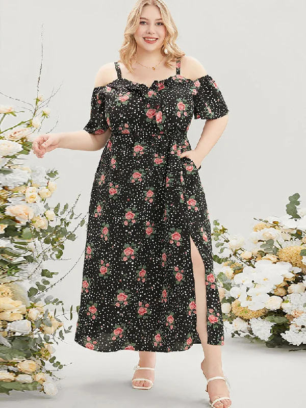 ladies-floral-dress-prom-peony-Floral & Polka Dot Ruffle Trim Pocket Cold Shoulder Split Dress