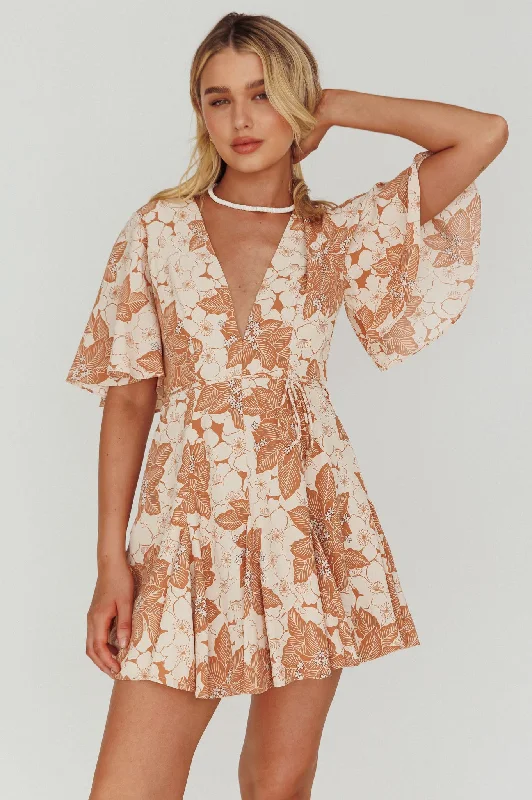 ladies-floral-dress-social-sprig-Estelle Angel Sleeve Dress Floral Brown