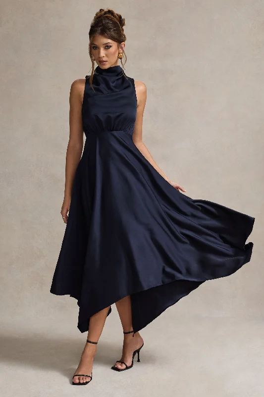 ladies-maxi-dress-peach-pride-Kerri | Navy Satin Cowl-Neck Maxi Dress