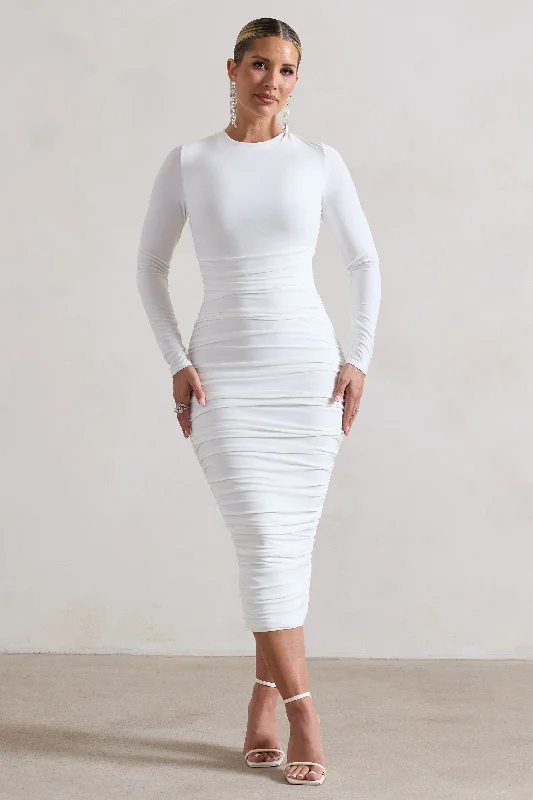 ladies-midi-dress-salmon-sweep-Emilie | White Ruched Long-Sleeve Midi Dress