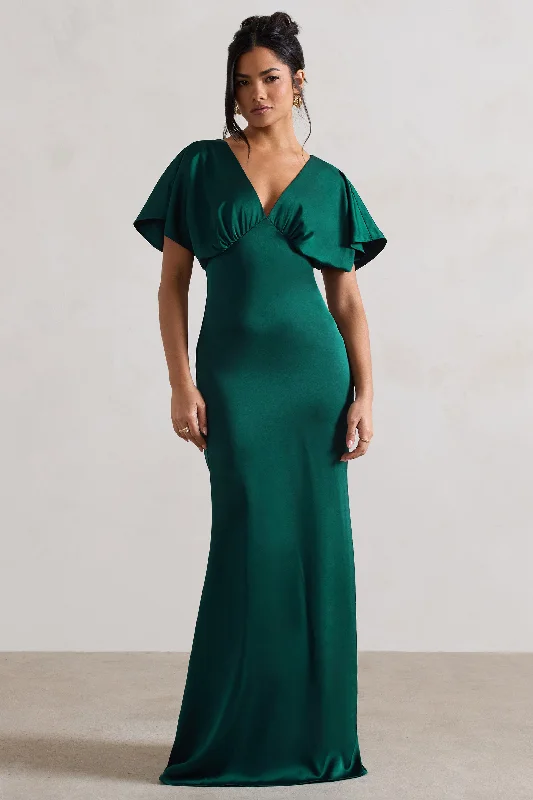 ladies-maxi-dress-stretchy-sweep-Marisa | Dark Green Satin V-Neck Flutter-Sleeve Maxi Dress