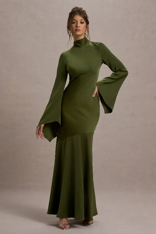 ladies-maxi-dress-plum-poetry-Veena | Olive Green Satin High-Neck Maxi Dress