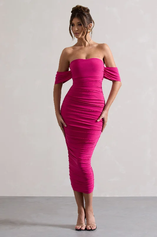 ladies-midi-dress-sepia-sweep-Lost For Words | Pink Bardot Ruched Draped Midi Dress