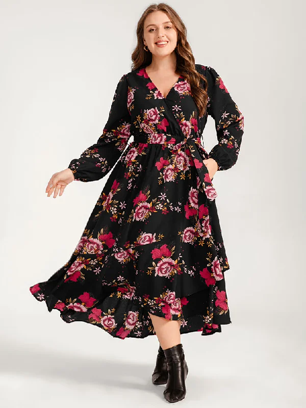 ladies-floral-dress-party-petals-Floral Ruffle Lantern Sleeve Pocket Belted Asymmetrical Hem Dress