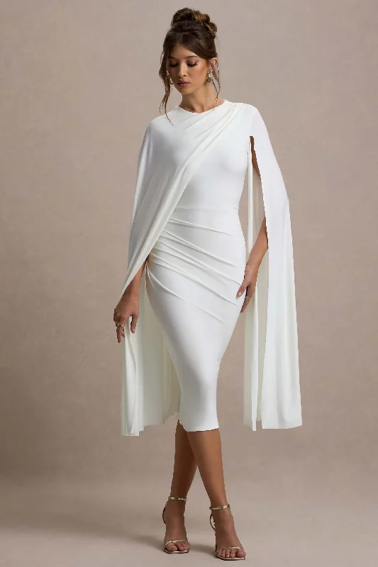 ladies-midi-dress-relaxed-rhythm-Marysol | White Asymmetric Cape Midi Dress