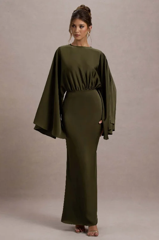 ladies-maxi-dress-high-neck-harmony-Zuzanna | Khaki Draped Maxi Dress With Cape Sleeves