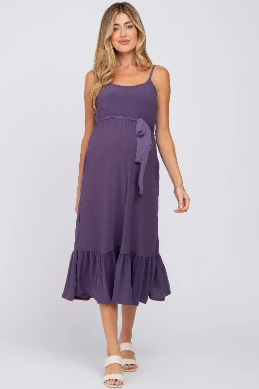 ladies-midi-dress-tropical-tango-Purple Waist Tie Ruffle Hem Maternity Midi Dress