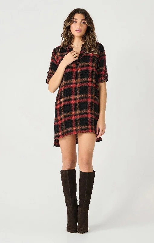 Women's shirt dress flare glow -Long Sleeve Roll Tab Plaid Shirt Dress