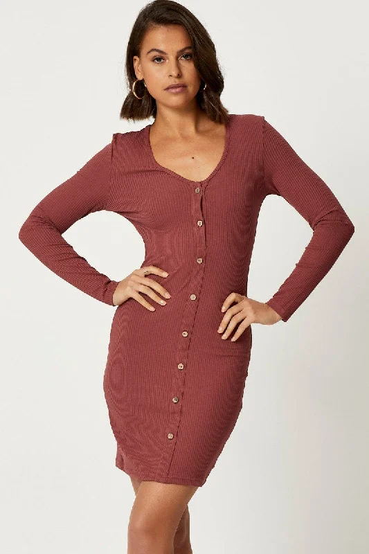 ladies-bodycon-dress-mauve-magic-Brown Button Front Bodycon Dress